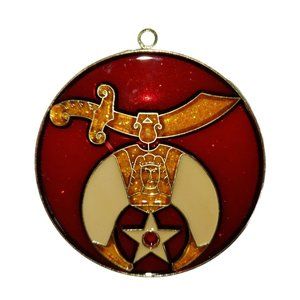 Vintage Handmade Stained Glass Masonic Lodge Shriner Suncatcher Round Ornament